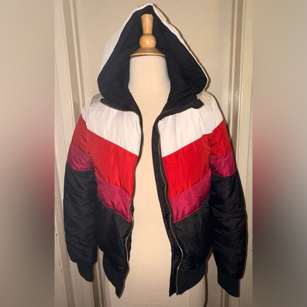 Spiritual gangster red white black pink colorblock stripe Puffer Jacket xs